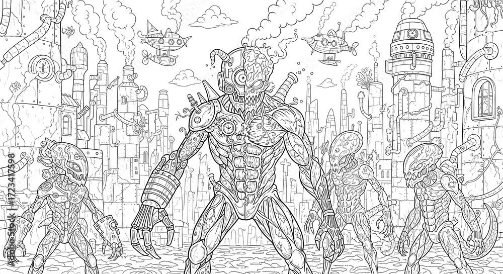 Fototapeta premium Doodle art coloring page of alien biomechanical creatures blending chrome machinery with organic forms in a steampunk-inspired city for coloring page kids and adults