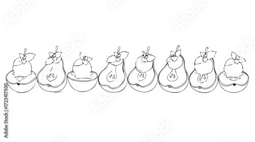 Delicate hand-drawn pears embellished with leaves and stems in a row silhouette