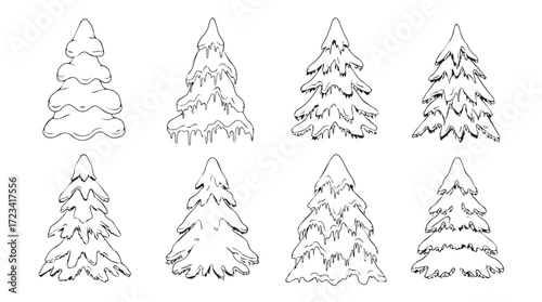 Collection of eight snowy christmas tree silhouettes for festive winter holiday design elements silhouette