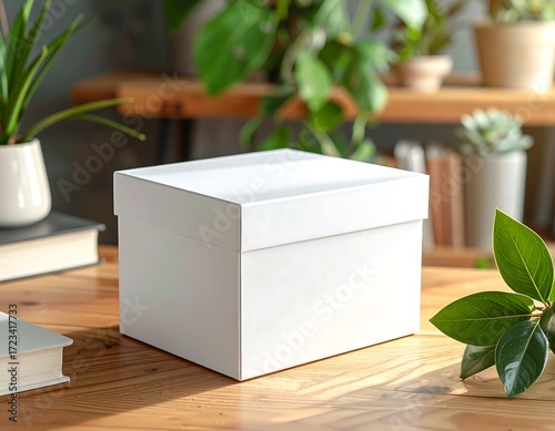 White box on wooden table with plants