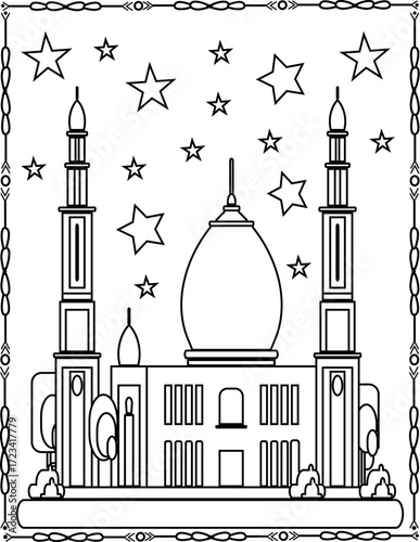 Mosque Draw and coloring pages for Ramadan. How to Draw Mosque Coloring Pages for Kids.
