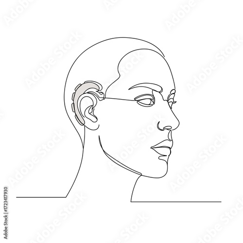 Line art of a person with a hearing aid in profile view  