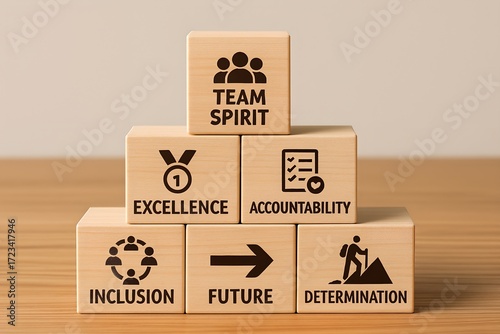 A pyramid of wooden blocks representing team spirit, excellence, accountability, inclusion, future, and determination for business success