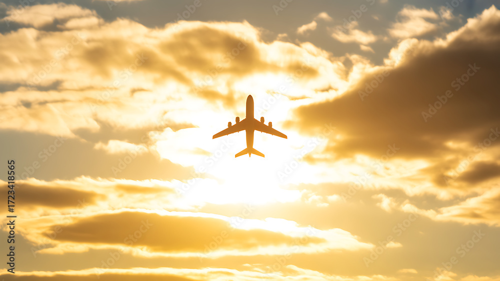 Naklejka premium Silhouette of an airplane flying against a golden sunset sky with scattered clouds