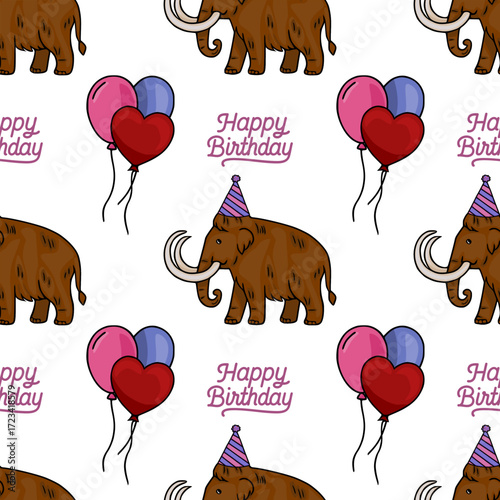 Seamless vector pattern featuring a playful woolly mammoth wearing a party hat, accompanied by balloons and the phrase Happy Birthday, creating a festive and whimsical design.