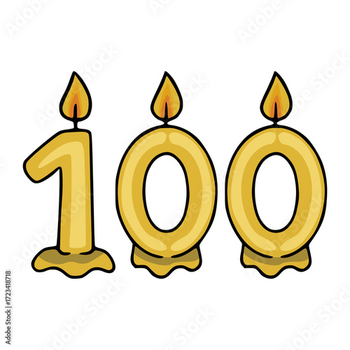 Festive vector illustration of three golden candles shaped as numbers 100, with realistic melting wax and vibrant flames, perfect for celebrating a centenary.