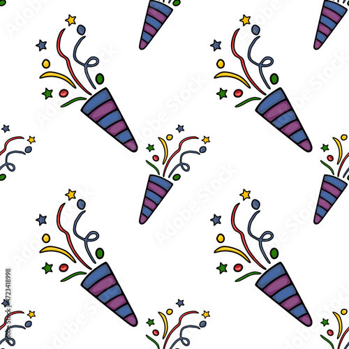 Seamless vector pattern featuring hand-drawn party poppers with colorful confetti and stars, creating a vibrant and festive design ideal for celebrations.