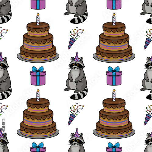 Seamless vector pattern featuring adorable raccoons in party hats, delicious two-layered chocolate cakes with candles, and vibrant gift boxes, creating a cheerful birthday celebration design.