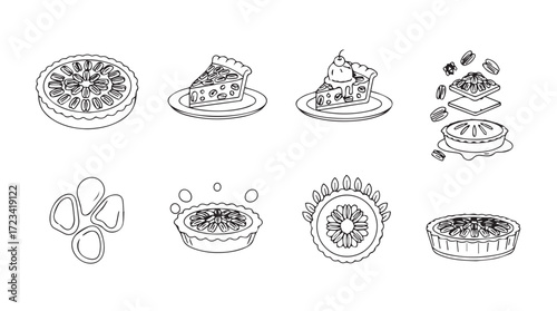 Collection of eight artistic hand drawn culinary food items with sketchy lines and details silhouette