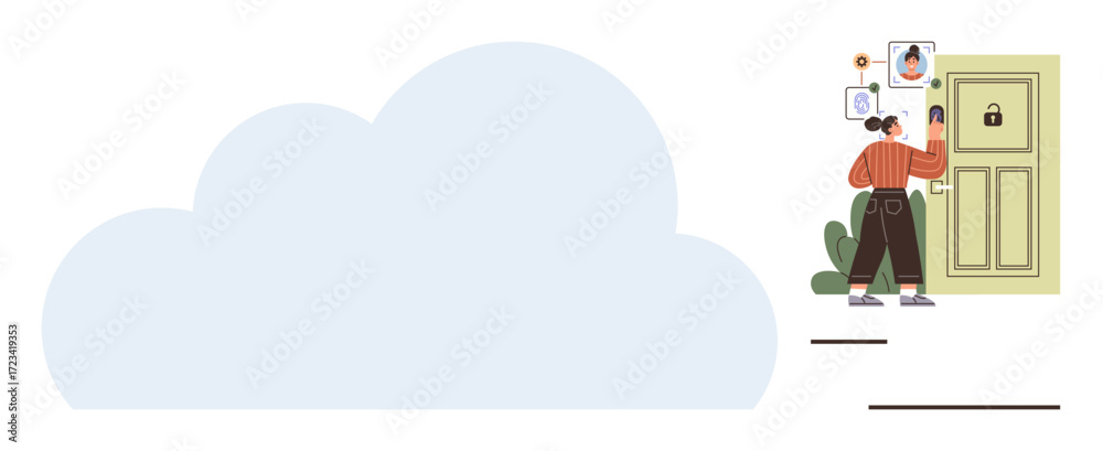 Fototapeta premium Woman scanning her face to open a locked door, surrounded by facial ID icons. Ideal for security, technology, privacy, authentication, cloud computing, digital innovation, simple flat metaphor