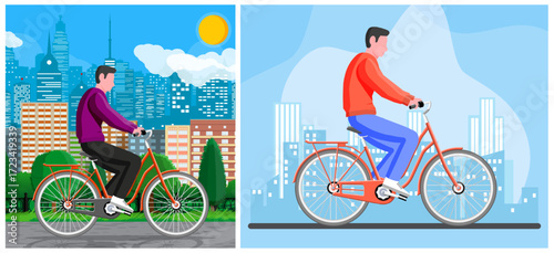 Man cycling a bike in the city and another man cycling against a cityscape. Urban transportation concept for healthy lifestyle.