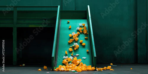 vibrant green slide scattered with crumpled yellow and white trash, highlighting waste management and environmental issues.