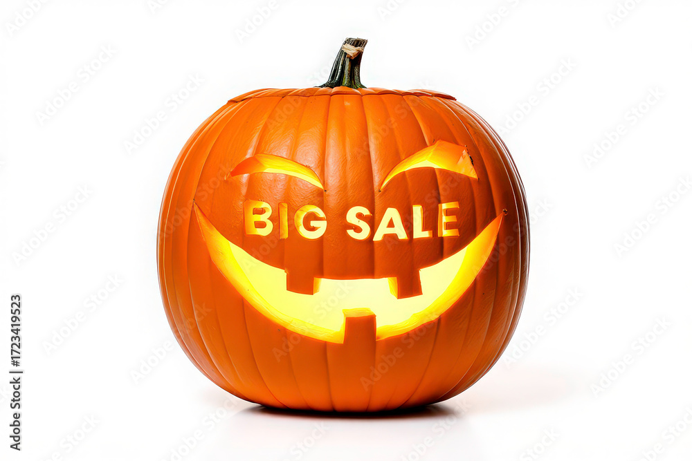 Obraz premium Halloween Sale icon as a Pumpkin Jack O Lantern as a funny spooky orange character with carved text as a Fall season or Autumn marketing message with a scary expression on a white background