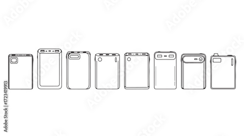 Collection of different dishwasher models and styles represented by simple line drawings silhouette