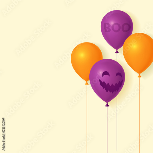 Halloween background with orange and violet baloons. Greeting card for party and sale. 