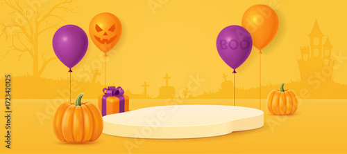Halloween background with smiling pumpkins, 3d gift box, balloons. Greeting card for party and sale. Autumn holidays.
