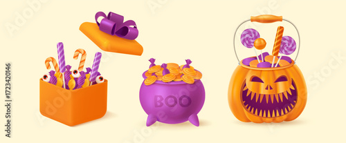 Halloween background with smiling carved pumpkin and gift box. Greeting card for party and sale. Autumn holidays.
