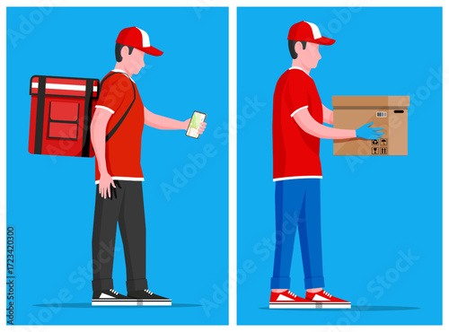 Man courier looking at mobile phone with a map. Delivery service concept. Man carrying box for product express delivery.