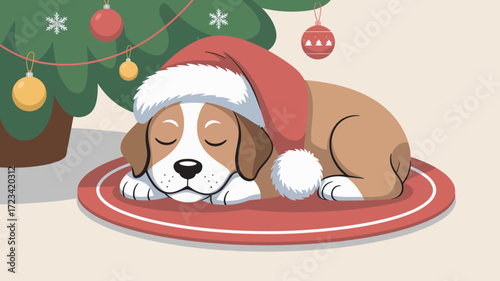 Dog Sleeping Under Decorated Tree Wearing a Santa Hat on a Red Round Rug Illustration