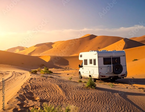 White camper van in desert dunes at sunrise