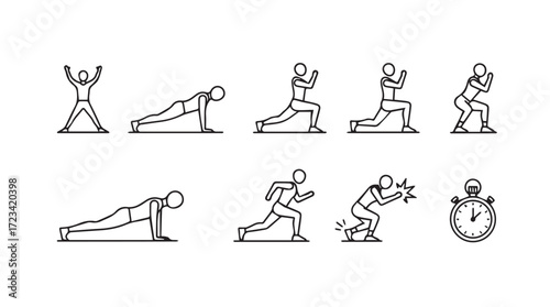 Set of fitness exercises and sports training dynamic poses for healthy lifestyle and workout routine silhouette