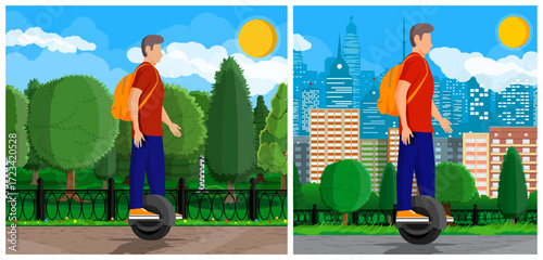 Man on unicycle in park and city. Urban landscape. Lifestyle and electric transport. Green park and modern street with skyscrapers.