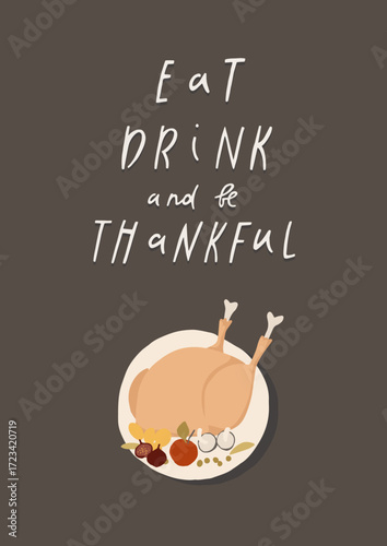 Happy Thanksgiving festive season card design. Autumn holiday event invitation template. Cute hand drawn illustrations in retro style. Vector give thanks fun poster design
