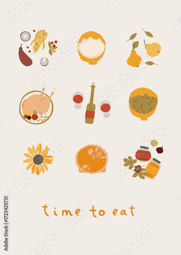 Happy Thanksgiving festive season card design. Autumn holiday event invitation template. Cute hand drawn illustrations in retro style. Vector give thanks fun poster design
