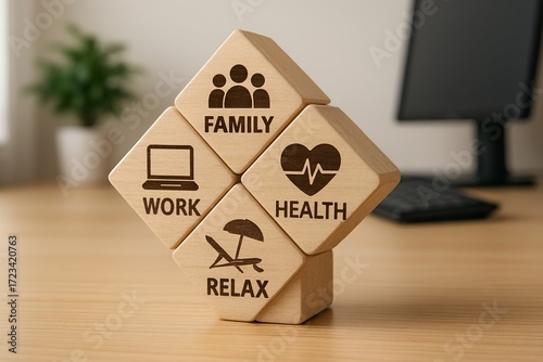 Wooden blocks representing worklife balance family, work, health, and relaxation, arranged in a diamond shape