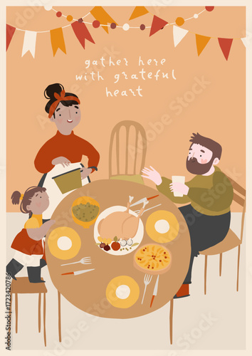 Happy Thanksgiving festive season card design. Autumn holiday event invitation template. Cute hand drawn illustrations in retro style. Vector give thanks fun poster design