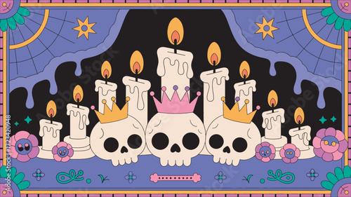 Groovy Skulls and Candles Illustration with Floral Accents for Dark Decor Design