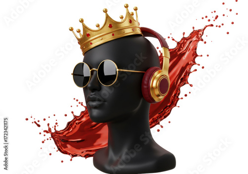 Isolated head statue with crown and sunglasses, red liquid splashes around in splash design