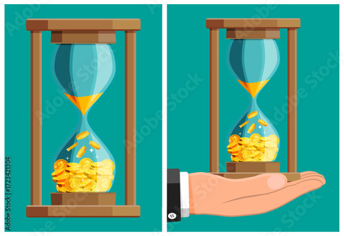 Businessman hand holding hourglass with falling golden coins. Time money concept. Investment and finance management.