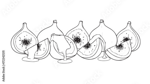 Ripe fresh figs halved and sliced showcasing delicious interior texture and seeds silhouette