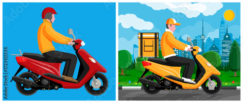 Man rides a scooter. Delivery service man driving a motor scooter. Flat style courier on a moped.