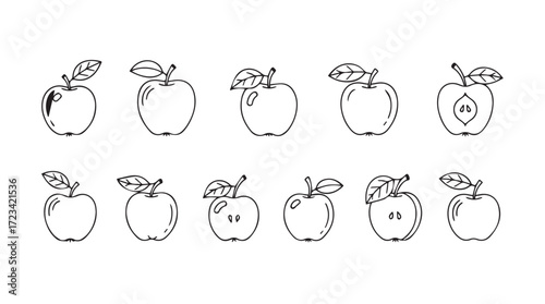 Collection of artistic hand-drawn apples with leaves and halved slices fresh fruit collection silhouette
