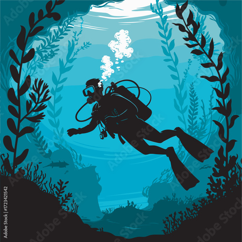 Scuba Diver Silhouette Exploring Underwater World with Seaweed and Marine Life Illustration
