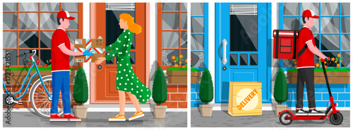 Man courier gives package to woman outside home. Delivery service concept for website, banner. Goods transportation to client.