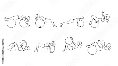Fitness exercises series demonstrating core strength training with stability ball movements silhouette
