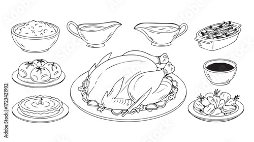 Whimsical hand-drawn thanksgiving dinner feast illustration featuring roasted turkey gravy and side dishes silhouette