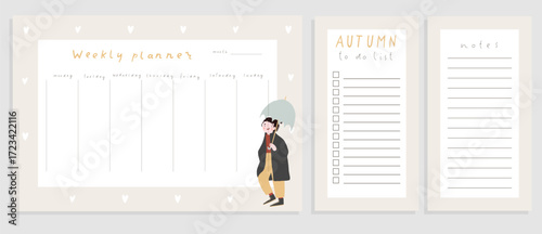 Cozy autumn weekly planner template with daily checklist and notes section. Fall printable stationery design for organization. Cute stickers and decorative elements in soft neutral autumn colors