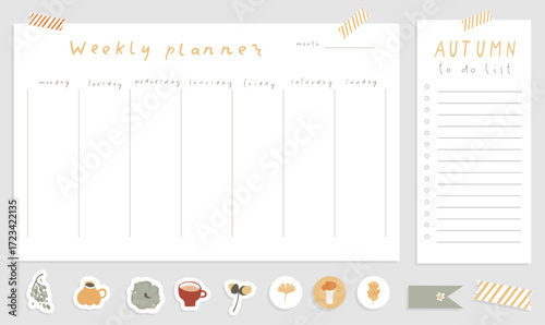 Cozy autumn weekly planner template with daily checklist and notes section. Fall printable stationery design for organization. Cute stickers and decorative elements in soft neutral autumn colors