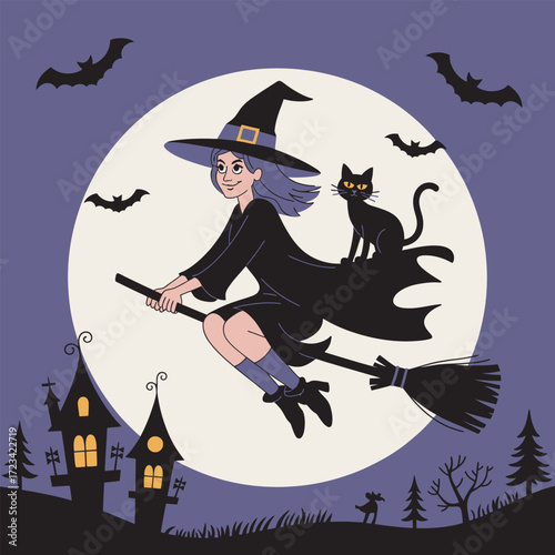 Enchanting Witch on Broomstick with Black Cat and Bats Against Full Moon Backdrop