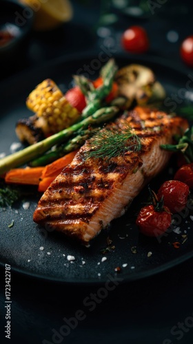 Grilled Salmon Platter: A close-up shot presents a visually appealing, perfectly grilled salmon fillet, elegantly arranged alongside vibrant vegetables such as asparagus, cherry tomatoes.