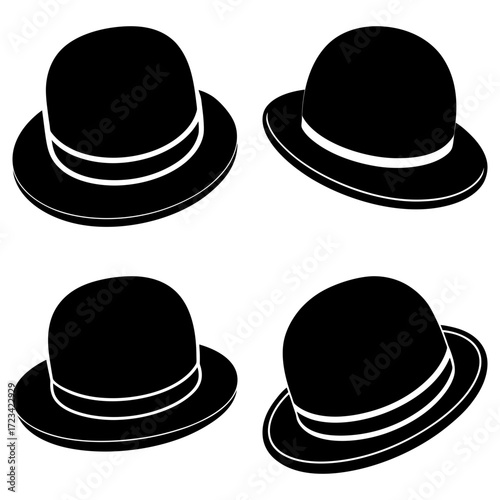 Four bowler hats arranged in a square formation with white bands isolated on a white background view from above