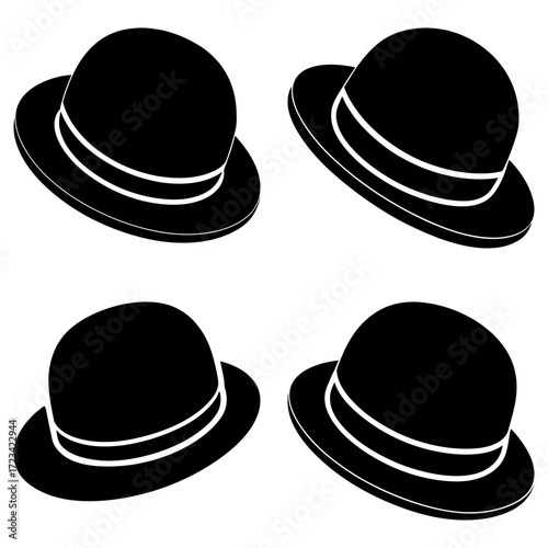 Four bowler hats arranged in a square pattern with white bands on a plain white background image view