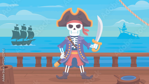 Cartoon Pirate Skeleton with Sword on Ship Deck with Ocean and Sailing Ships View