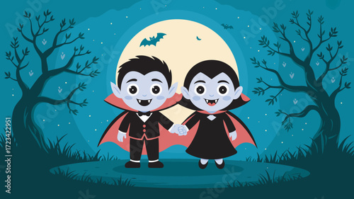Cartoon Vampire Couple in Moonlight Scene with Bats and Trees for Graphic Design