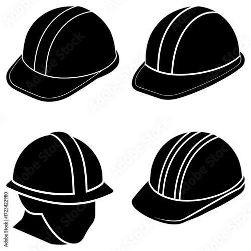 Illustration showing four black hard hats with white stripes in a square arrangement on a white background