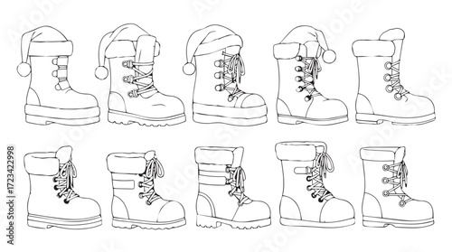 Set of ten artistic line drawing winter boots with fur trim and santa hats for festive holiday season silhouette